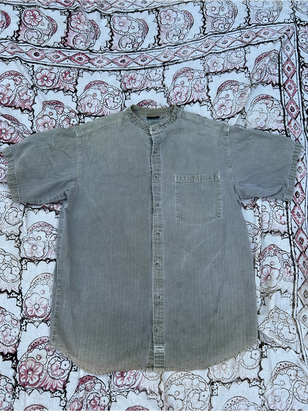 Gramicci Olive Faded Collarless Short-Sleeve Button-Down Shirt
